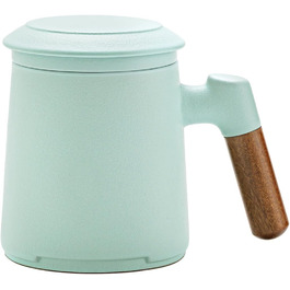 ZENS Teacup with Lid and Infuser, 360 ml Wooden Handle Teacup with Tea Strainer and Lid for Loose Leaf Tea, Matte Ceramic Teacups Gifts for Tea Lovers, Hand-Sprayed Light Green Glaze
