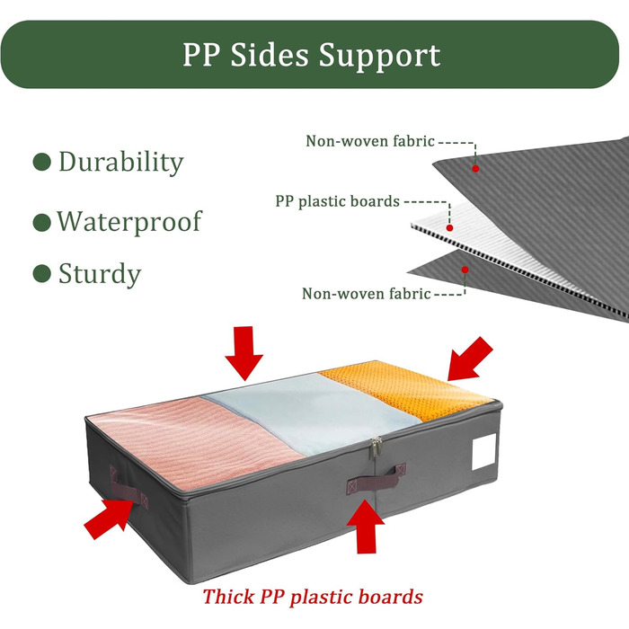 Коробки для зберігання під ліжком, 2 шт. з боковими стійками, сірі. Підходять для постільної білизни, одягу та ковдр.