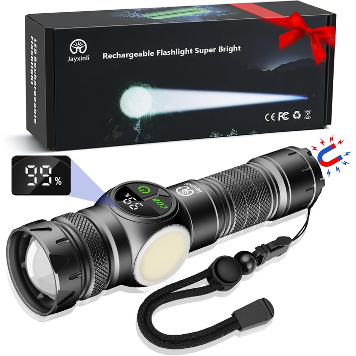 Ліхтар LED акумуляторний 100000 люменів з магнітом, потужний, з акумулятором 5000mAh, LCD-індикатор заряду, 9 режимів, Zoom, для кемпінгу, туризму, активного відпочинку, надзвичайних ситуацій