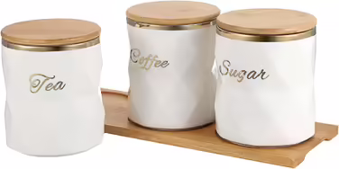 BTSKY White Ceramic Canisters for Sugar, Coffee, Tea, with Lid and Tray, Airtight, Set of 3 Storage Containers, Food Storage Containers, Pots, Jars with Bamboo Lids for Kitchen Counter