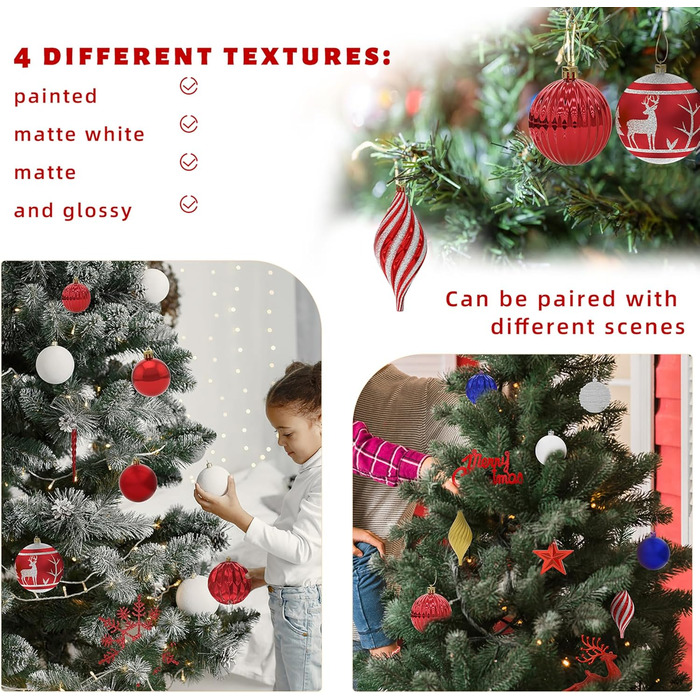 Набір 108 шт. новорічних кулічок Aufun Premium: пластик, верхівка, зірка, безпечні прикраси, багаторазові, кольори: шампань, червоний, срібний