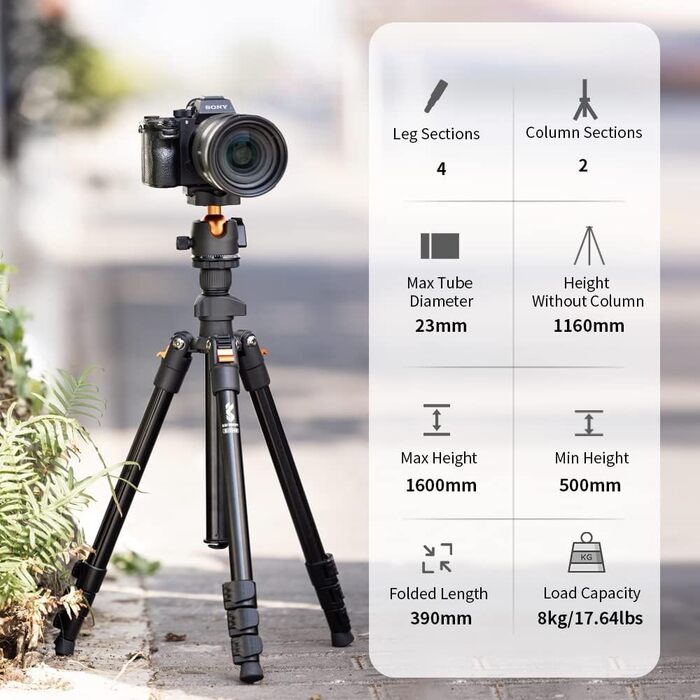 Подорожній штатив для камери K&F Concept 160 см, алюмінієвий трипод для DSLR з панорамною кулею 360° та швидким затискачем