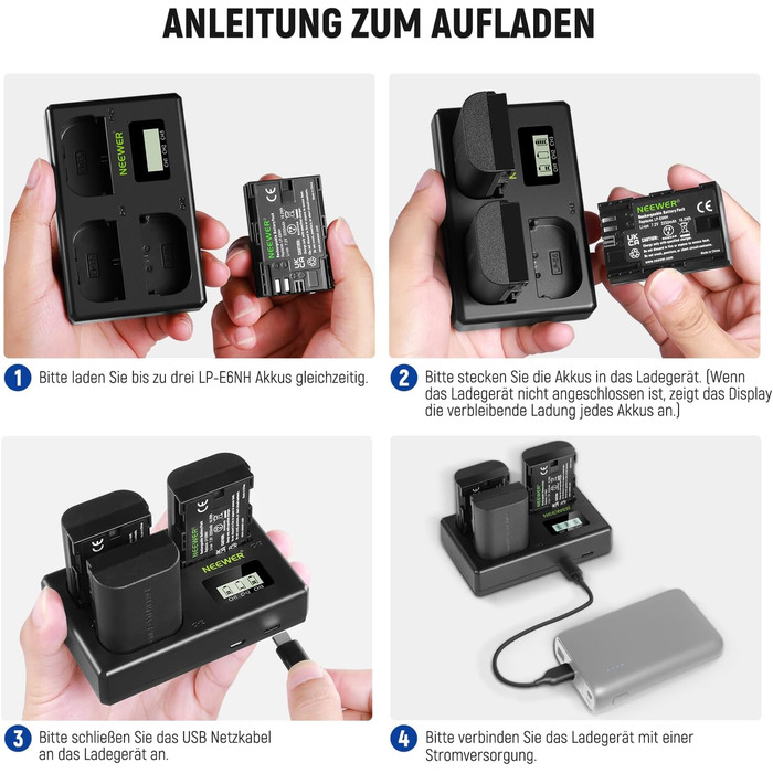 NEEWER Комплект акумуляторів та зарядного пристрою LP-E6NH (3 шт. 2250mAh) з USB зарядкою на 3 слоти, серветка, сумісний з Canon EOS R7, R5, R6, R6 II, R 5DIV, 6DII, 7DII, 80D, 90D