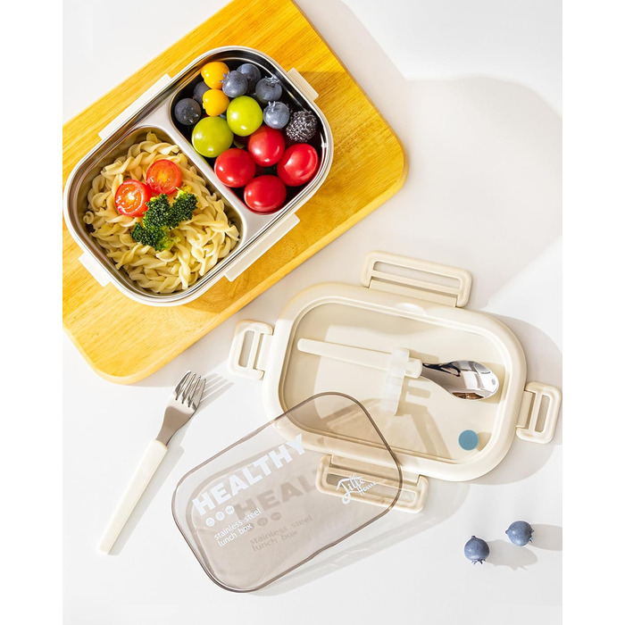 Ланчбокс Lille Home з нержавіючої сталі з 2 відділеннями, 850 мл, витокозахисний, з сумкою та столовим прибором, BPA-free (Бежевий)