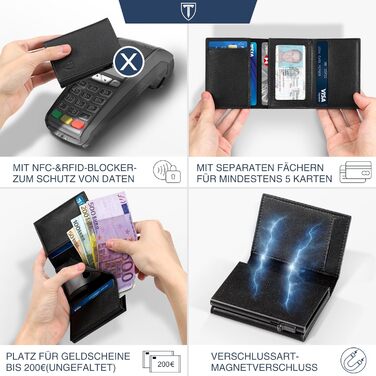 Чоловічий гаманець з відділенням для монет та RFID захистом, шкіряний, slim модель, 10 відділень для карток, чорний