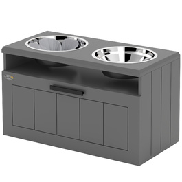 PawHut Large Dog Feeding Station with 2 Stainless Steel Bowls, Drawer, and Pet Food Dispenser - MDF, Steel, Gray