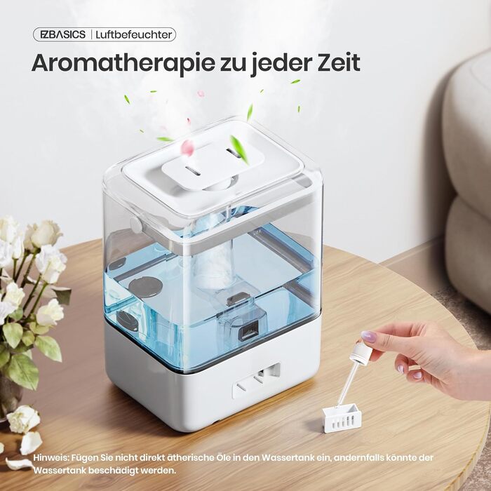 Зволожувач повітря EZBASICS Smart з верхнім заповненням 6L, 360° поворотна насадка, зволожувач та аромадифузор для дитячої кімнати, рослин, з програмою та голосовим керуванням, 1 упаковка + 7 нічників