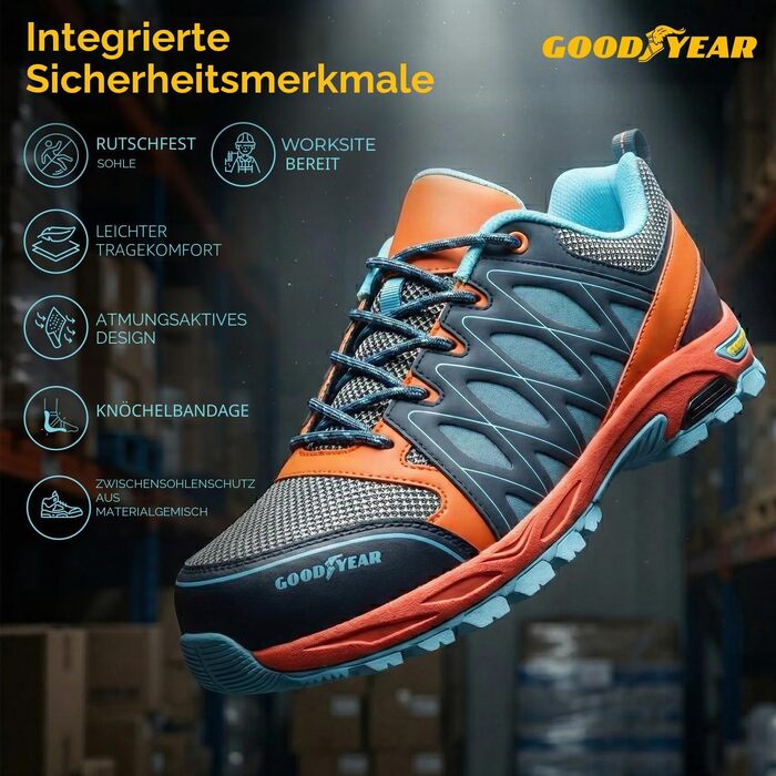 Чоловічі захисні робочі черевики Goodyear S1P SRA HRO, безметалеві, легкі та дихаючі, помаранчево-сині, розмір 44 EU