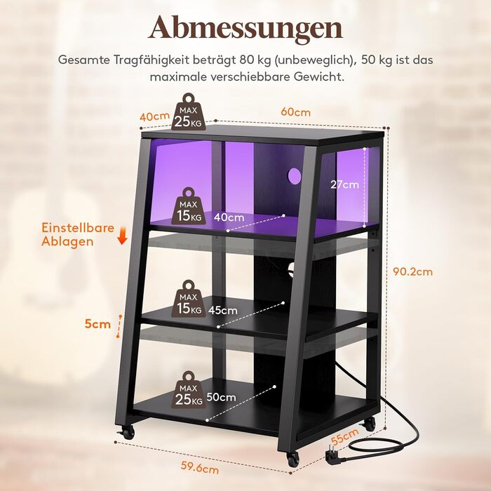 Lifewit Аудіостійка HiFi з полицями, колесами та LED-підсвіткою, 60x55x90 см, коричнево-чорна