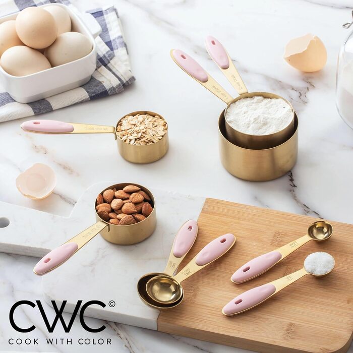 Cook with Color 8-Piece Gold Stainless Steel Measuring Cups and Spoons Set with Soft Silicone Handles, Nesting Liquid or Dry Measuring Cups
