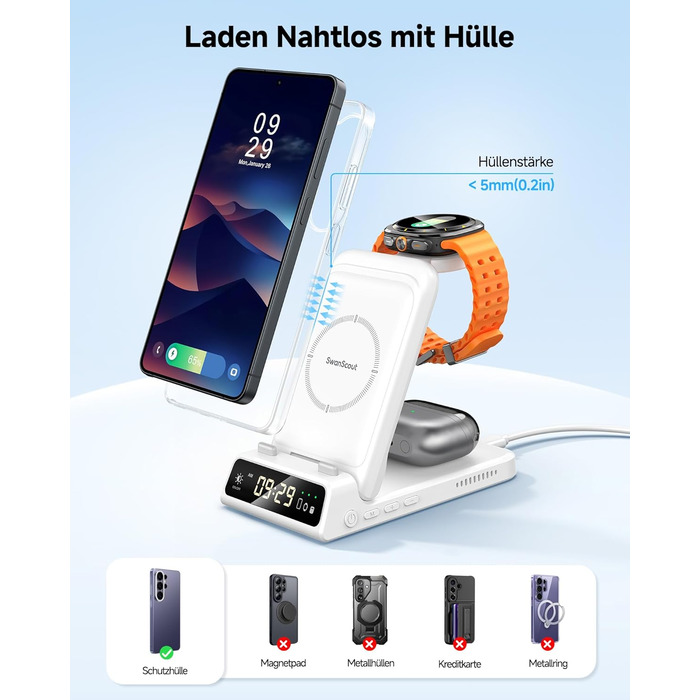 Бездротова зарядка 3-в-1 SwanScout 703S для Samsung Galaxy S26 Ultra/S25/S24/S23, Galaxy Watch 8/8 Classic/Ultra/7/6 та Buds 4/4 Pro - Біла