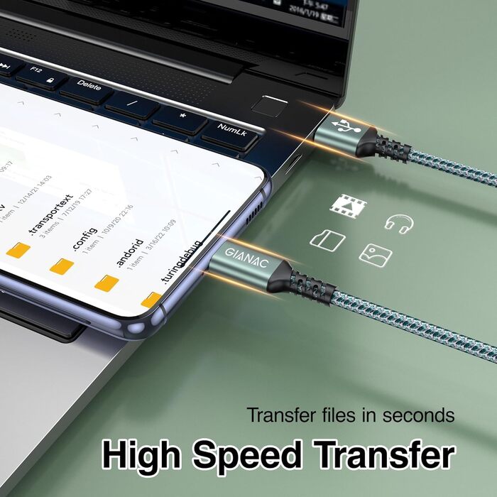 Кабель USB-C GIANAC: зарядний та передавач даних для Samsung, Huawei, Google, Sony (0.3м, зелений)