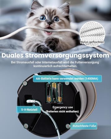 Автомат годівлі для котів з APP та таймером, 6 л / 25 порцій, 3 миски, 3 пакетики силікагелю, система запобігання застряганню, WiFi 2.4G, запис голосу, чорний