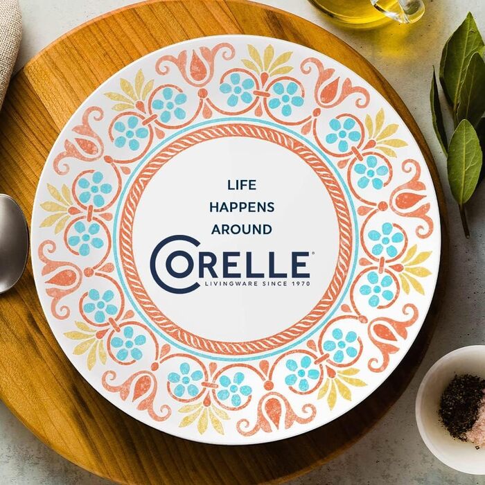Corelle Набір посуду на 6 осіб, 18 предметів, Vitrelle, стійкий до сколів, для мікрохвильовки та посудомийної машини, морські смуги (Terracotta Dreams)