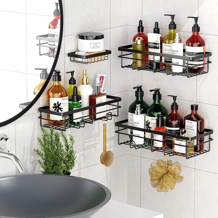 Поличка для душу Uamector без свердління, кутова, металева, з 4 кошиками, телескопічна, регульована по висоті 107-306 см, для ванної кімнати (4 шт, чорний)