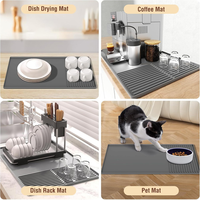 Силіконовий килимок під кавомашину з бортиками, 61 x 40,6 см, сірий. Захист для стільниці, аксесуар для кав'ярні, сушильна мат для посуду.