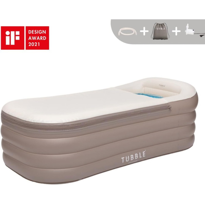 Надувна ванна Tubble Royale 255 літрів - складана ванна для дорослих, 188 см, монтаж за 1 хв, для дому та вулиці, Home Spa & Eisbad, Ambient Taupe