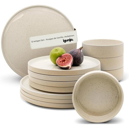 Igunga Stoneware Dinnerware Set - 12 Piece Set for 4 | Reactive Glaze Beige Tableware - Handcrafted Premium Quality