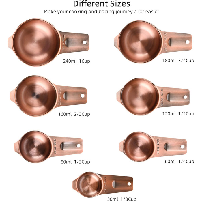 Smithcraft Measuring Cup and Spoon Set, Copper Measuring Cups and Spoons for Dry and Liquid Ingredients, Metric and US Units, 7 Stainless Steel Measuring Cups & 9 Spoons, Leveler and Measurement Equivalents