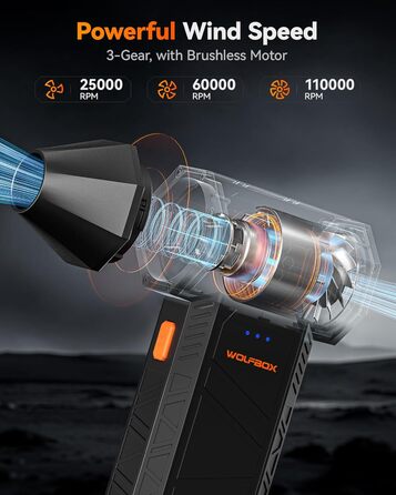 Електричний бездротовий пилосос WOLFBOX MF50 - 110000 обертів, 3-ступенева регулювання, для дому, авто, комп'ютера та авто