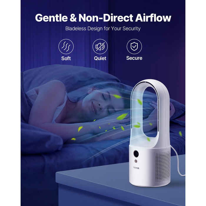 Безлопатевий вентилятор VEVOR 330 мм, портативний USB-вентилятор, 6 режимів, тихий, з LCD-дисплеєм, для дому, офісу, дитячої кімнати