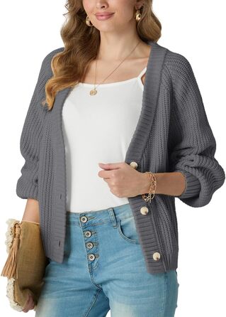 Жіночий в'язаний кардиган GRECERELLE з V-подібним вирізом та ґудзиками, сірий | Стильний в'язаний светр для осені та зими