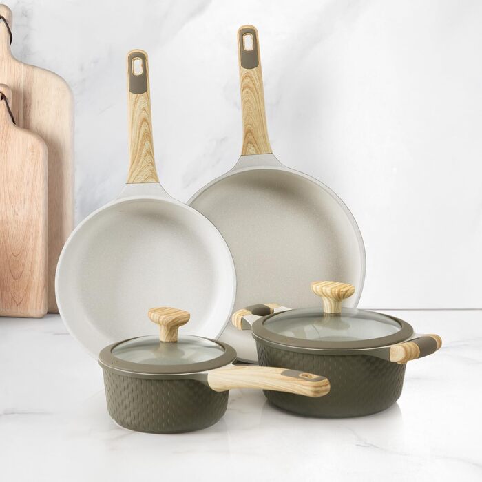 Набір посуду KASANOVA Bambù з антипригарним покриттям, 6 предметів (зелений/кремовий), для індукційних плит, з кришками зі скла