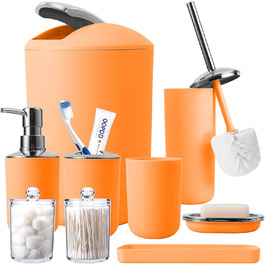 9-Piece Bathroom Accessory Set – Trash Can, Soap Dispenser Set, Soap Dish, Toilet Brush with Holder, Toothbrush Holder, Cup, Tray, Cotton Swab Holder, (Silver and Orange)