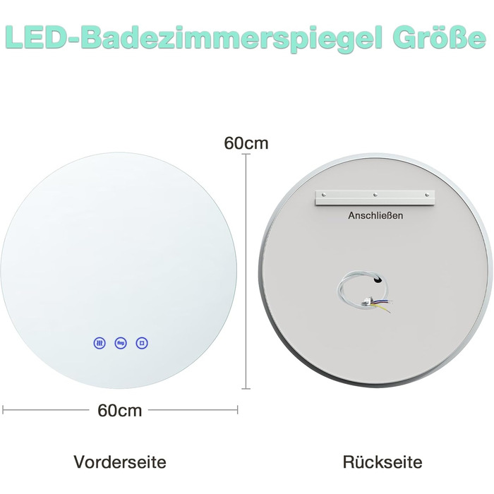Дзеркало для ванної кімнати з підсвічуванням, кругле, 80 см, 3 кольори світла, регулювання яскравості, антизапар, сенсорна кнопка, функція пам'яті, LED дзеркало з підсвічуванням, енергозберігаюче (3 кольори, регулювання, антизапар, 60x60 см)