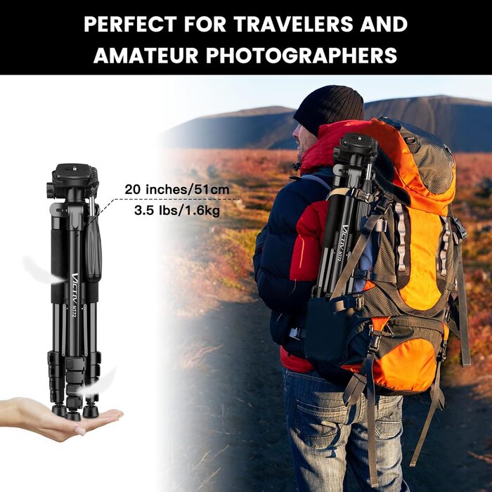 Штатив для камери Victiv 182см з алюмінію: трипод, монопод, 360° кулькова головка, 2 швидкісні пластини для DSLR - чорний