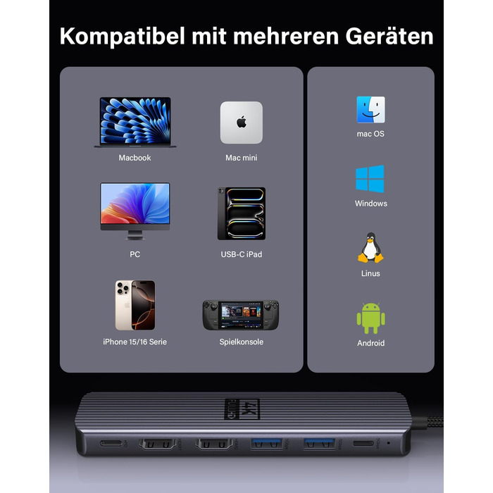 Док-станція для ноутбука Newmight з двома моніторами, адаптер HDMI 4K, Ethernet 1 Gbps, PD 100W, 3 USB 3.0, SD/TF Reader, для HP/Dell (Сірий)