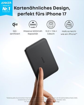 Powerbank Anker Nano: 5000mAh, Qi2, 15W, MagSafe, чорний