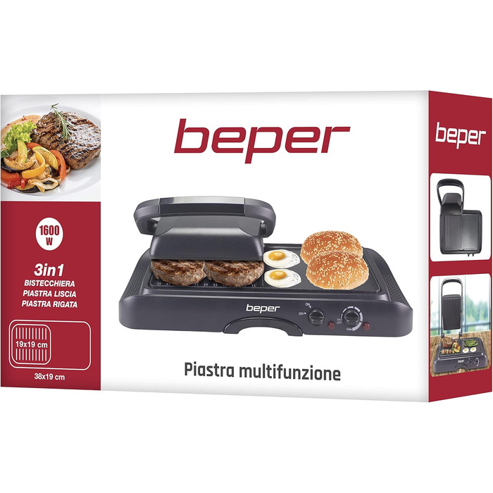 BEPER Electric Grill with Glass Lid - Non-Stick Coated Plate, Stainless Steel, 1600W