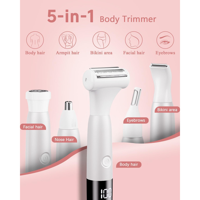 Електричний жіночий гірчак для інтимної зони 5-в-1 - для тіла, бікіні, брів та носа, IPX7, вологостійкий, білий