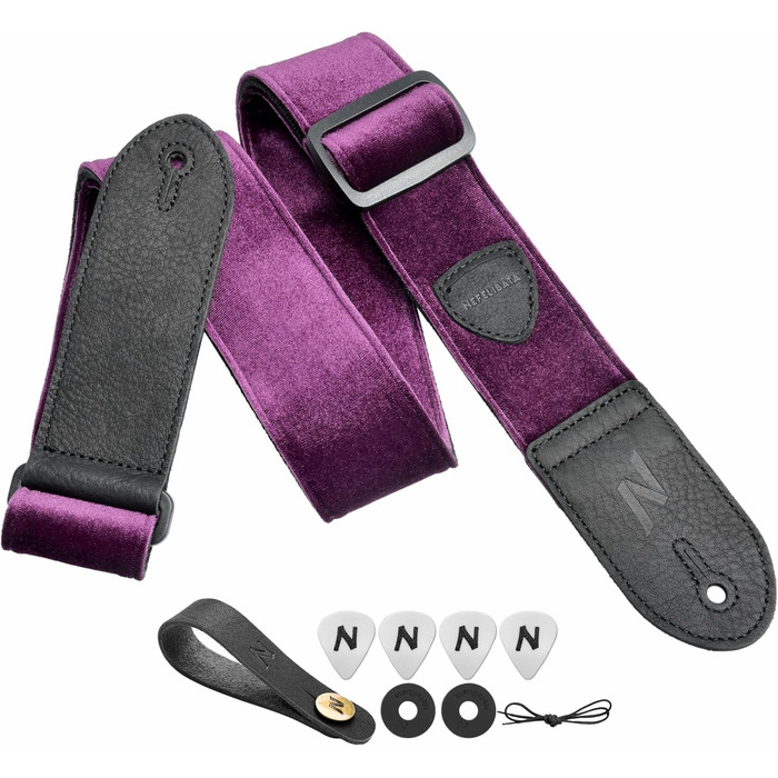 Гітарний ремінь Nefelibata з повного нубуку, вінтажний велюровий ремінь, безкоштовний бонус: 4 медіатори + фіксатори ременя + кнопка для ременя, подарунок для бас/електро/акустичної гітари (вишуканий фіолетовий)