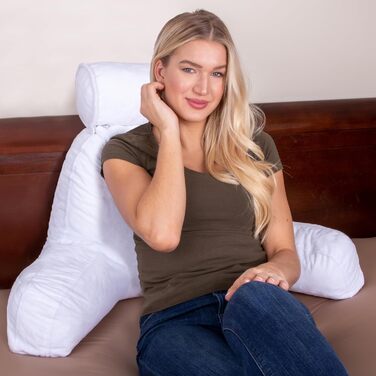 Подушка для чоловіка з підлокітниками - велика, для читання та відпочинку в ліжку. Висока спинка, преміум піна з пам'яті, знімна подушка для шиї на банджі. Білий колір | Оригінальна версія