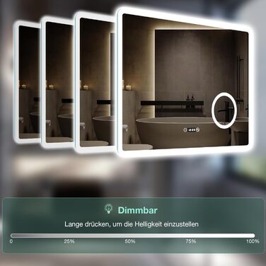 LED дзеркало для ванної кімнати 80x60 см з підсвічуванням, 3 кольори, регулювання яскравості, антизапарник, годинник, 3x збільшення