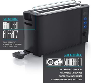 Arendo - 2-Slice Long Slot Toaster - Defrost Function - 1000 W - Double-walled Housing - Integrated Roll Attachment - Browning Levels 1-6 – Display with Remaining Time Indicator - Stainless Steel Black Matte A: Black Matte