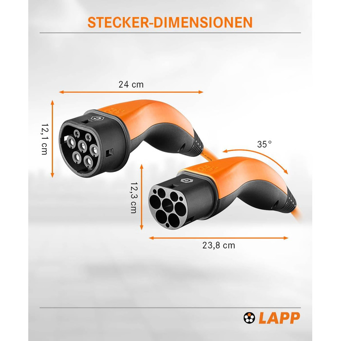 Кабель зарядки LAPP Mobility Typ 2 22 кВт, 7м - для електромобілів, 32А, 3-фазний, IP55, оранжевий
