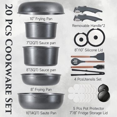Набір посуду JEETEE 20 предметів з антипригарним титановим покриттям та знімною ручкою, для індукційних плит, з кришками, сірий