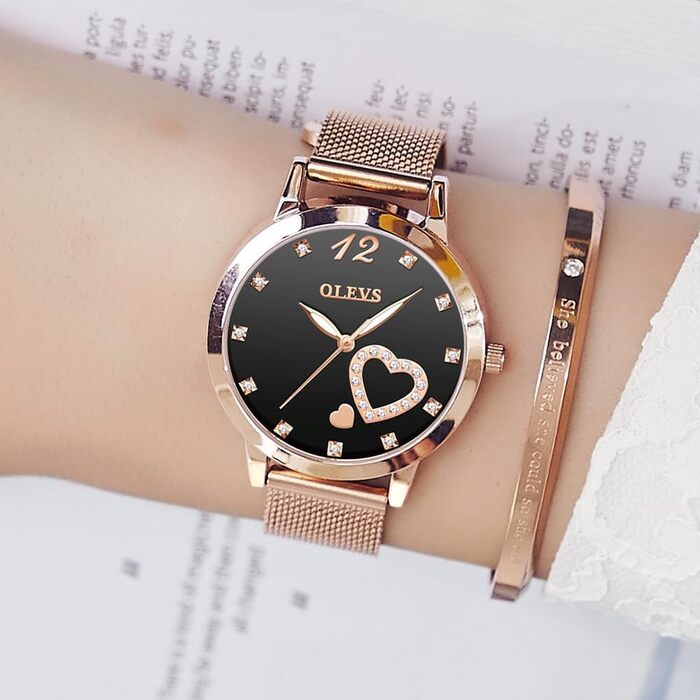 Годинник жіночий OLEVS Roségold: стильні годинники з нержавіючої сталі з діамантовим серцем, водонепроникні, ультратонкі, аналоговий годинник з сітчатим ремінцем, чорний циферблат, рожеве золото