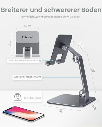 Алюмінієва підставка для iPad та планшетів elitehood, регульована за висотою та кутом нахилу, складана тримач для iPad Pro 12.9, Air, Mini, Samsung Galaxy Tab (4-13 дюймів), сіра