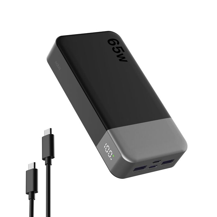Powerbank NOBIS 20000mAh, 65W, з цифровим дисплеєм, Dual USB-C/USB-A, для ноутбука, телефону, планшета, зовнішній акумулятор, зелений (чорний)