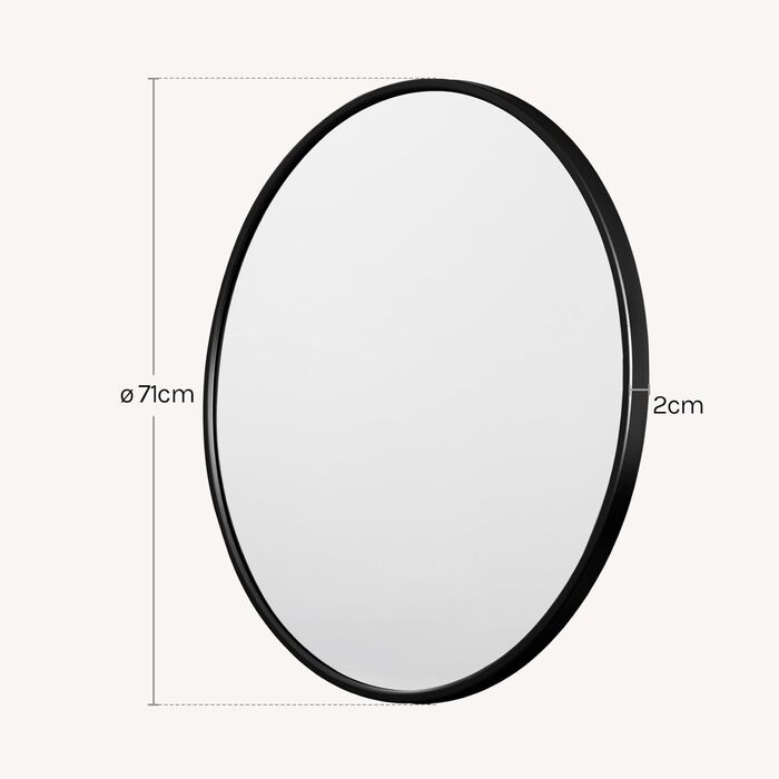 Круглий настінний дзеркало WOLTU 40 см з рамою, сучасний декор для ванної, спальні, вітальні, коридору, декоративне дзеркало для макіяжу зі скла, металу та MDF, з гачком (71L x 71B см, Чорний)