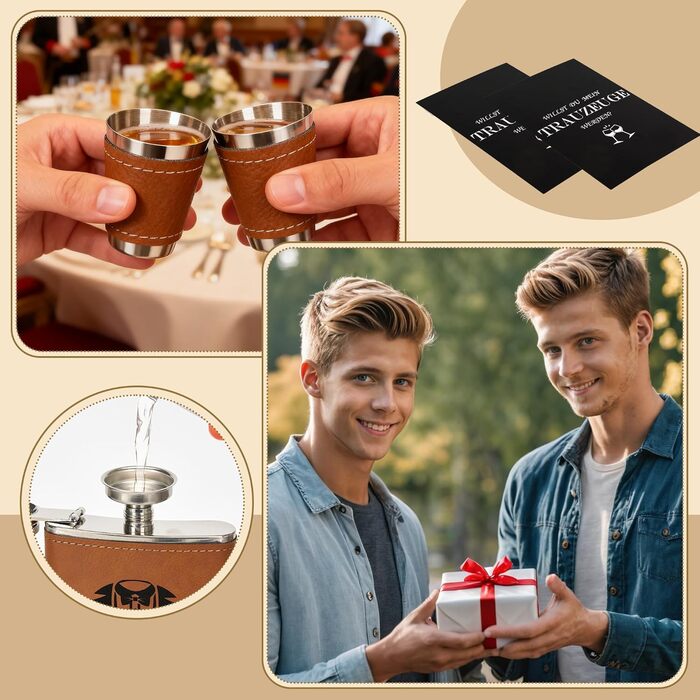 Персоналізований набір фляг 8oz з гравіюванням – фляга з нержавіючої сталі, 4 склянки, воронка та подарункова коробка для друзів нареченого/нареченої, подарунок на весілля для чоловіків та жінок (колір: коричневий)
