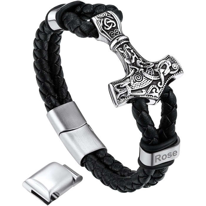 Чоловічий шкіряний браслет Bandmax Mjölnir/Totenkopf/Freimaurerei з гравіюванням, магнітна застібка, 23 см