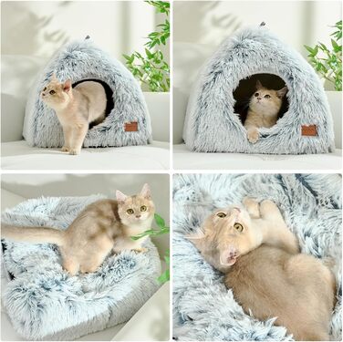 Cat Cave Cat Bed Cat House Cozy Cave 40x40cm Foldable Washable Comfortable Cat Sleeping Place for Cats Kittens Puppies with Removable Cat Head Pillow Beige (Gray-L)