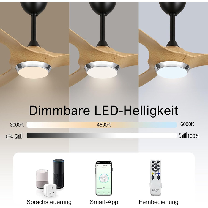 Стеляний вентилятор Reiga з підсвіткою та пультом керування, діаметр 132 см, тихий реверсивний мотор, 6 швидкостей, таймер, регульована яскравість та 3 колірні температури, коричневі лопаті