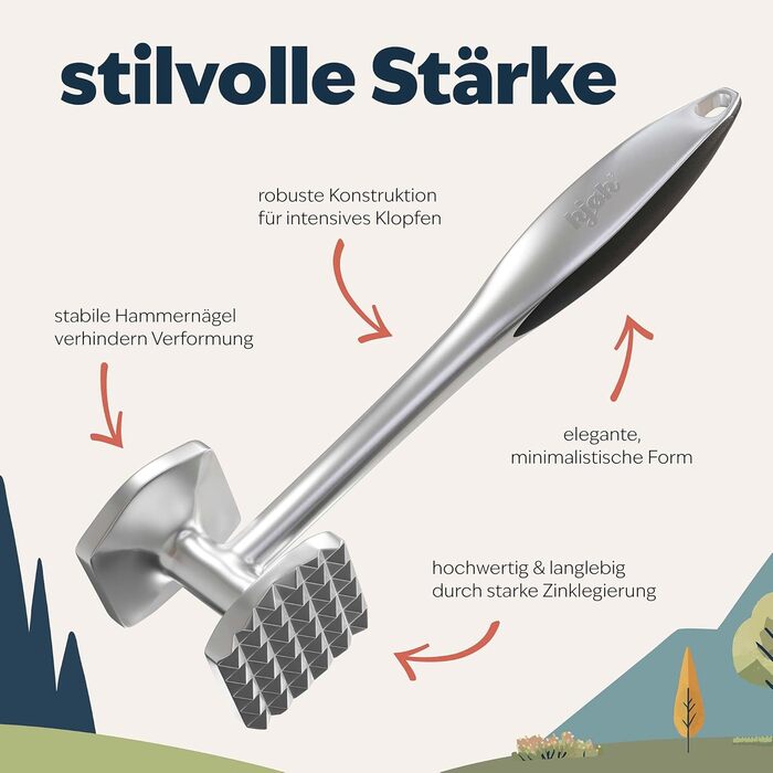 Преміум Fleischklopfer (м'ясорубка) з цинкової сплави з матовим хромом - для відбивання шніцелів та м'яса, придатний для миття в посудомийній машині. Ідеальний подарунок для кулінарії.