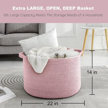 Великий рожевий кошик для зберігання MEGASKET 56×56×36 см, плетений мотузковий органайзер для іграшок, пледів та речей, кошик для вітальні